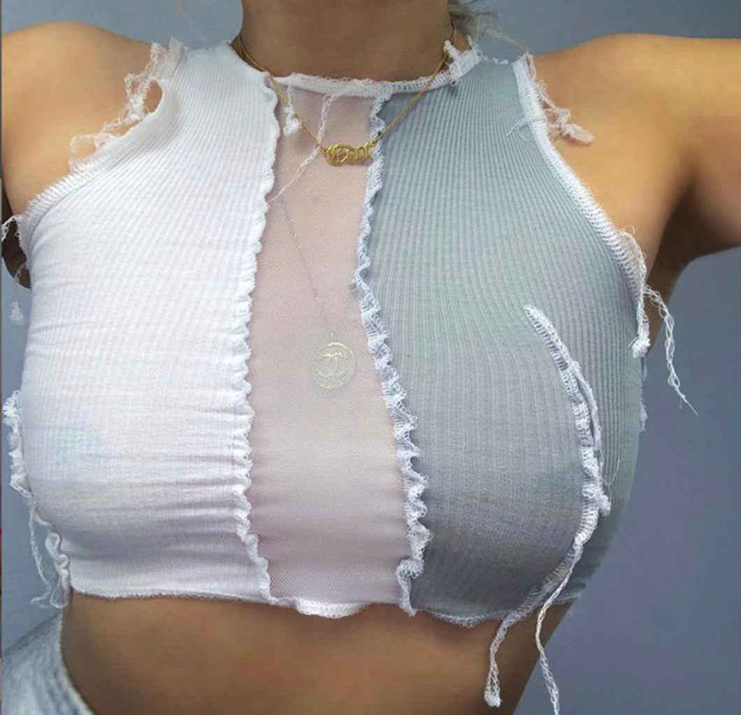 E-Girl White Color Block Fringed Crop Top