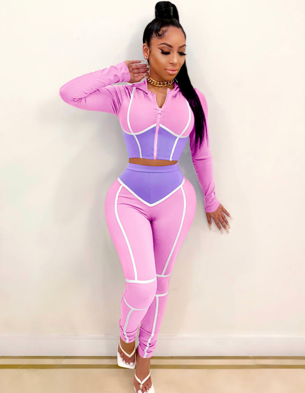 Retro Color Block Two Piece Sweat Set